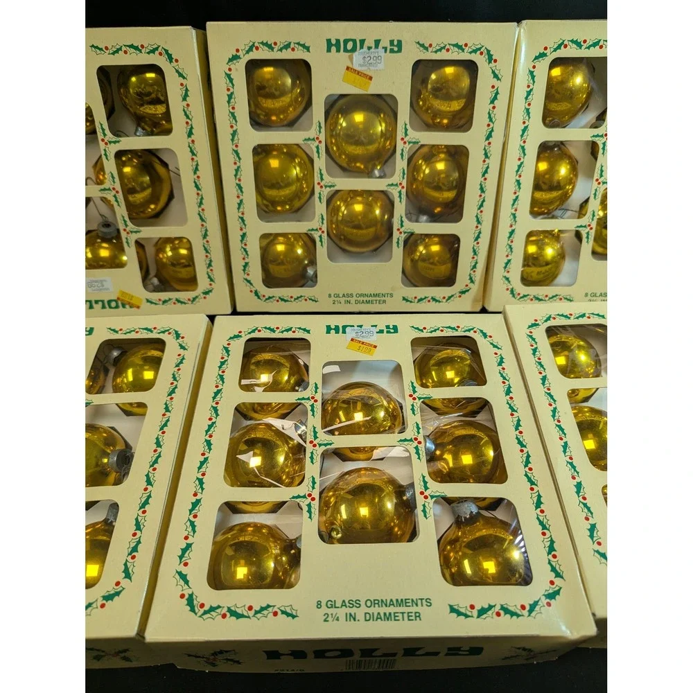 Holly Glass Christmas Ornaments Gold Round Ball 2.25in Set of 6 Boxes 48 Total